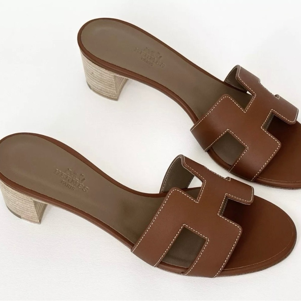 HERMES H OASIS SANDALS IN GOLD BROWN LEATHER SHOES MULES SLIDES HEELS 38 - Picture 8 of 15